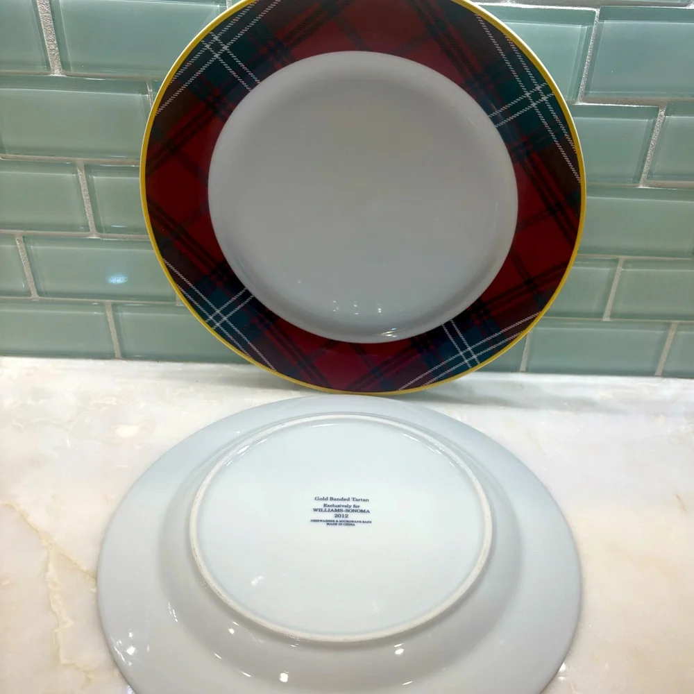 Two Williams-Sonoma Gold Banded Tartan 2012 Plates